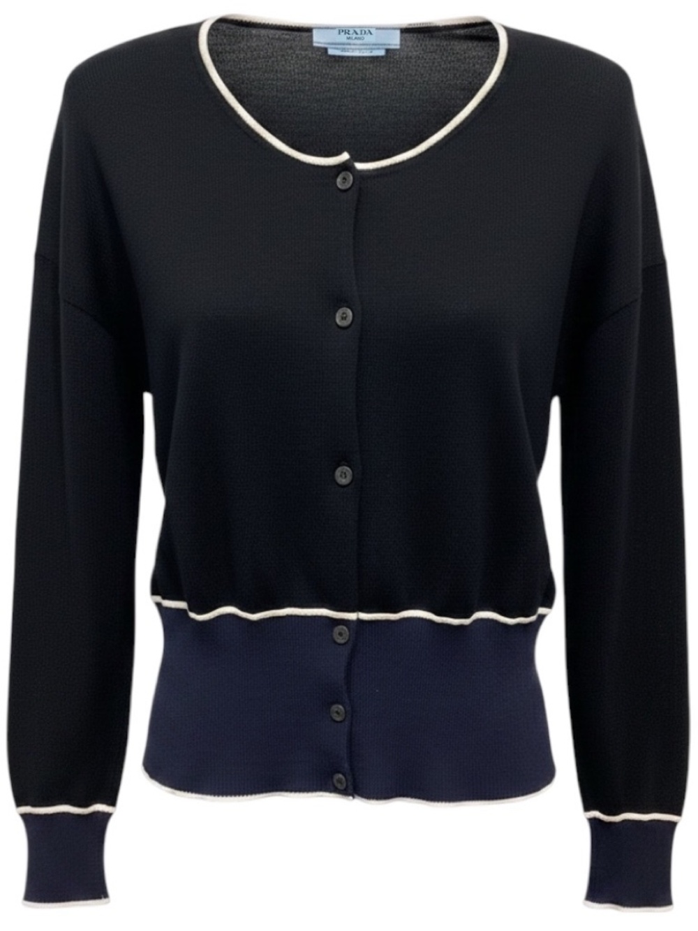 PRADA BLACK / NAVY BLUE / WHITE COLORBLOCK KNIT CARDIGAN SWEATER